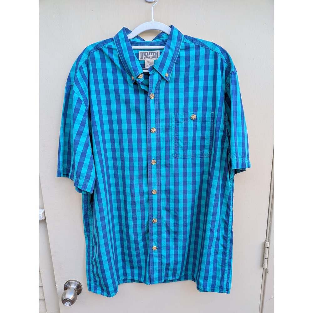 Duluth Trading‎ Co Mens Short Sleeve Blue Gingham Button Up Shirt Size Large